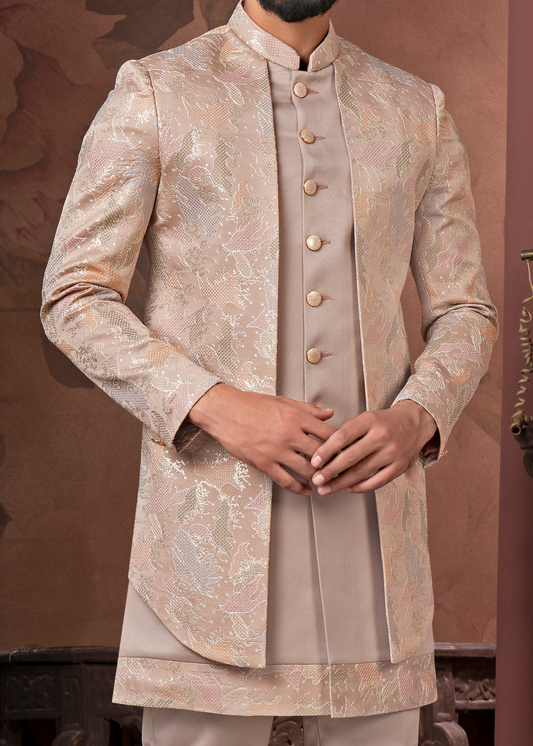 Pink Self Jacquard Designer Open Indowestern Set