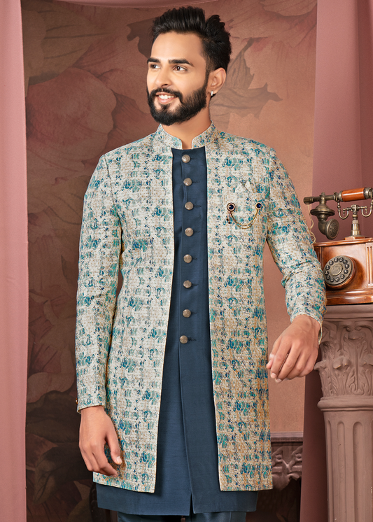 Steel Blue Grey Jacquard Designer Open Indowestern Set