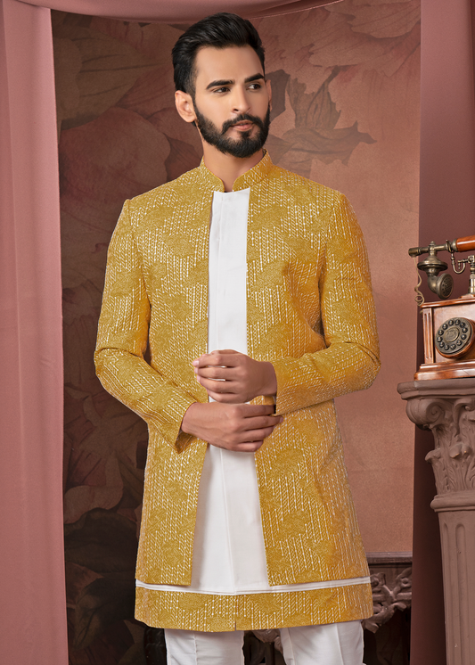 Mustard Self Embroidered Open Indowestern Set