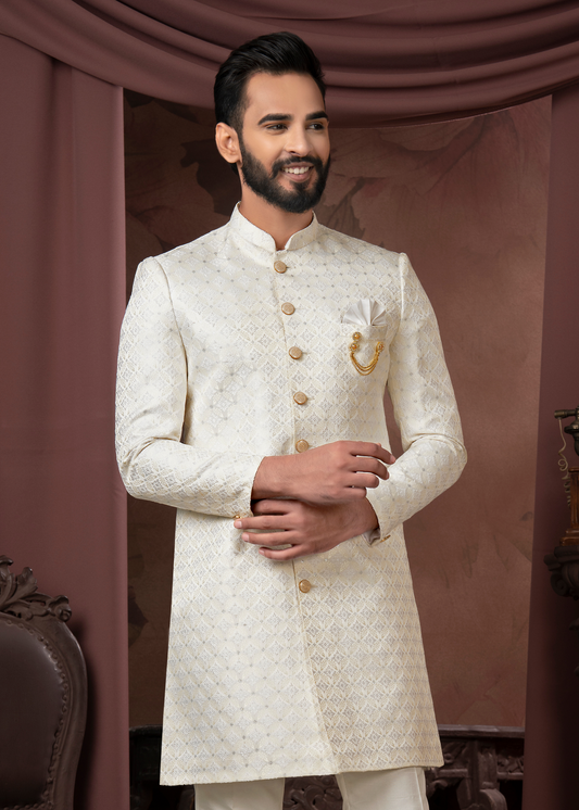 Ivory Self Jacquard Designer Indowestern Set