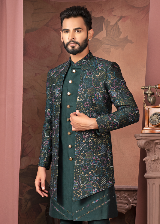 Teal Green Self Embroidered Open Indowestern Set