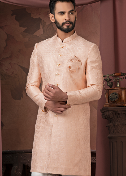 Peach Self Jacquard Indowestern Set