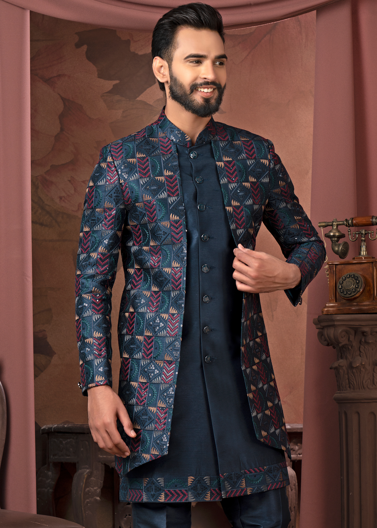 Teal Blue Self Embroidered Open Indowestern Set