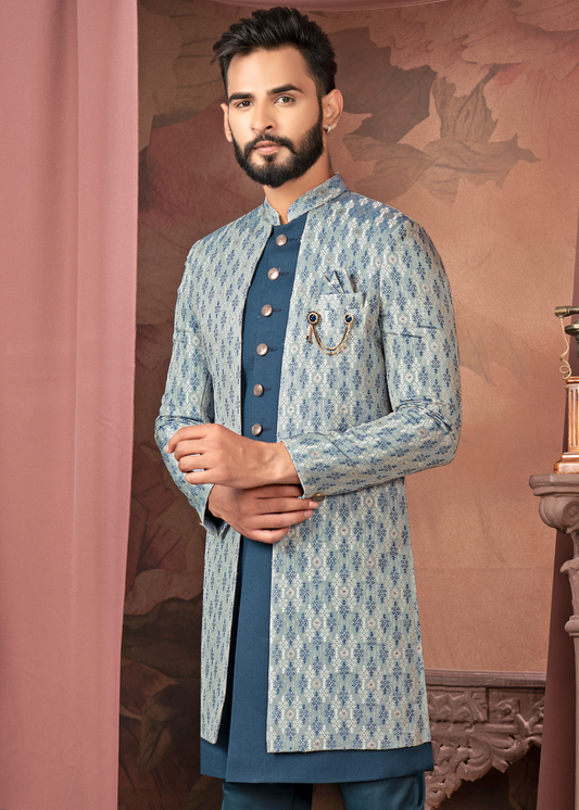 Aqua Self Jacquard Designer Open Indowestern Set