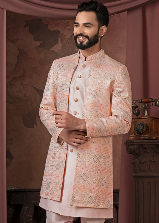 Peach Self Embroidered Open Indowestern Set