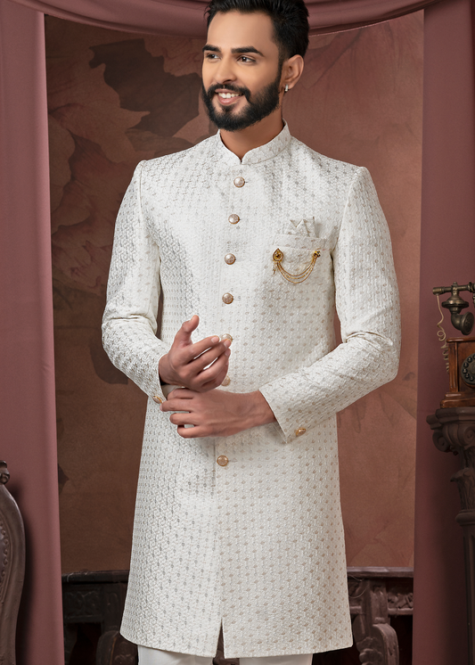 Off White Classic Self Jacquard Indowestern Set