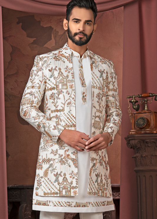 Ivory Thread Embroidered Designer Open Indowestern Set