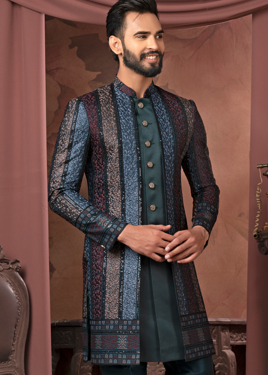 Multi Layered Thread Embroidered Open indowestern Set