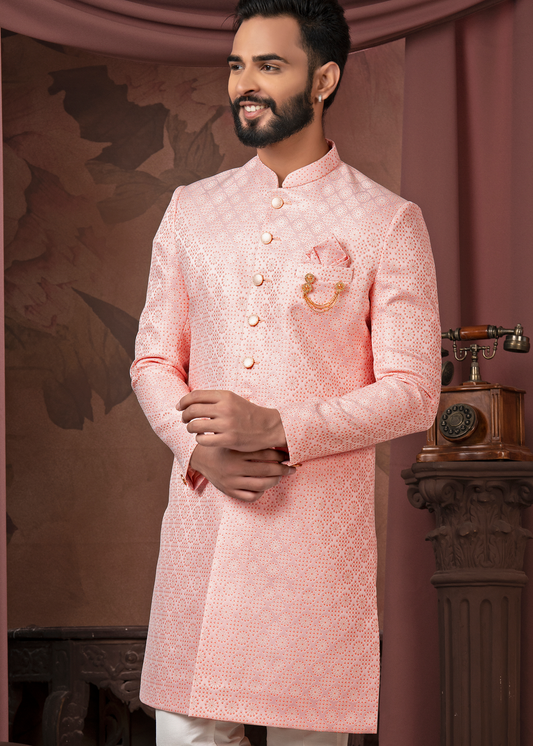 Peach Self Jacquard Indowestern Set