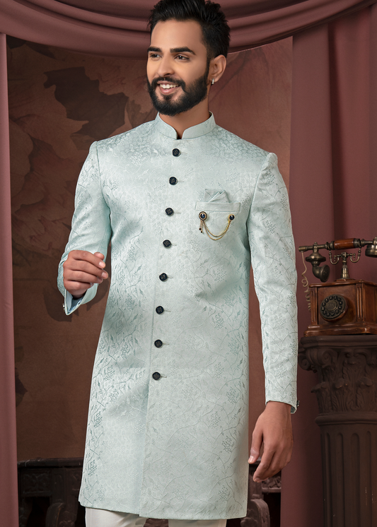 Sea Blue Self Jacquard Designer Indowestern Set