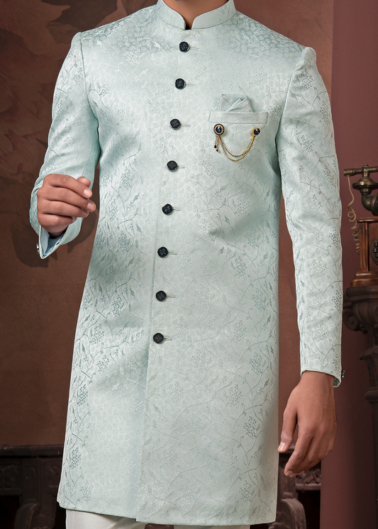 Sea Blue Self Jacquard Designer Indowestern Set
