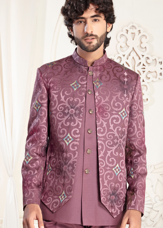 Lavender Jacquard Designer Open Jodhpuri Suit