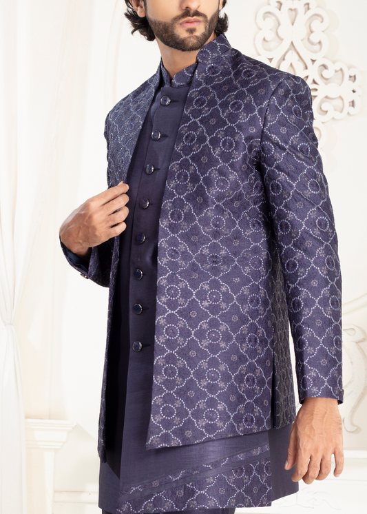 Cool Blue Self Embroidered Open Jodhpuri Suit