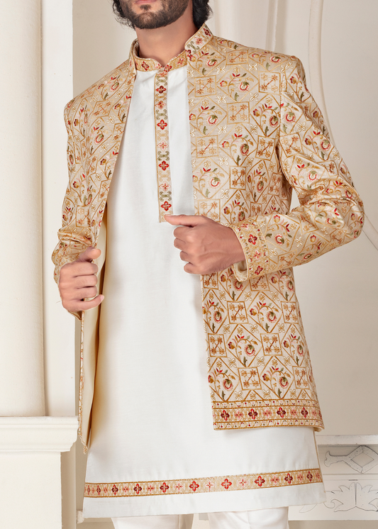 Beige Self  Embroidered Open Jodhpuri Suit