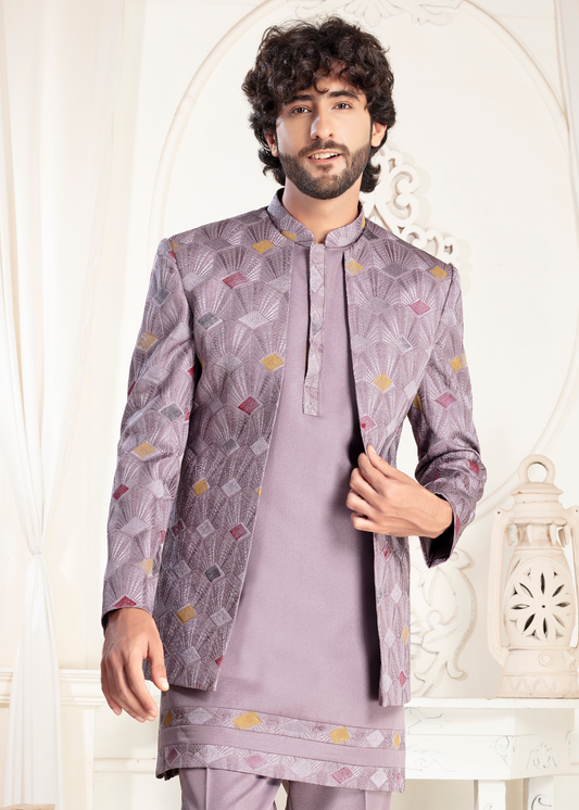 Lavender Self Embroidered Open Jodhpuri Suit