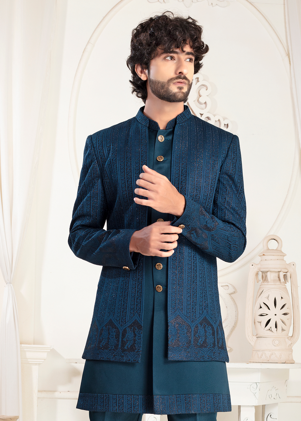 Teal Blue Self Embroidered Open Jodhpuri Suit