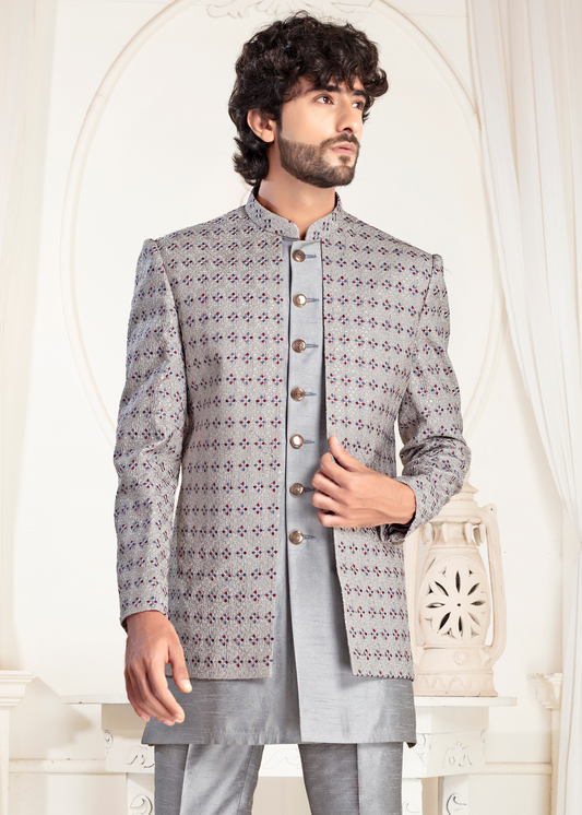 Grey Self Embroidered Open Jodhpuri Suit