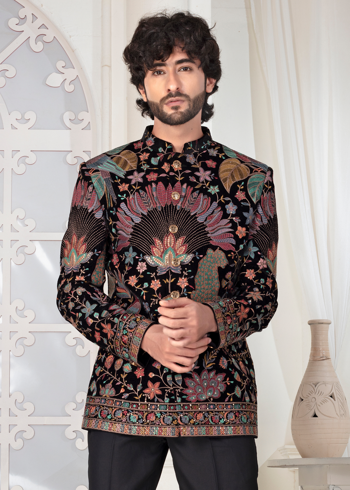 Multicoloured Thread Embroidered Jodhpuri Suit