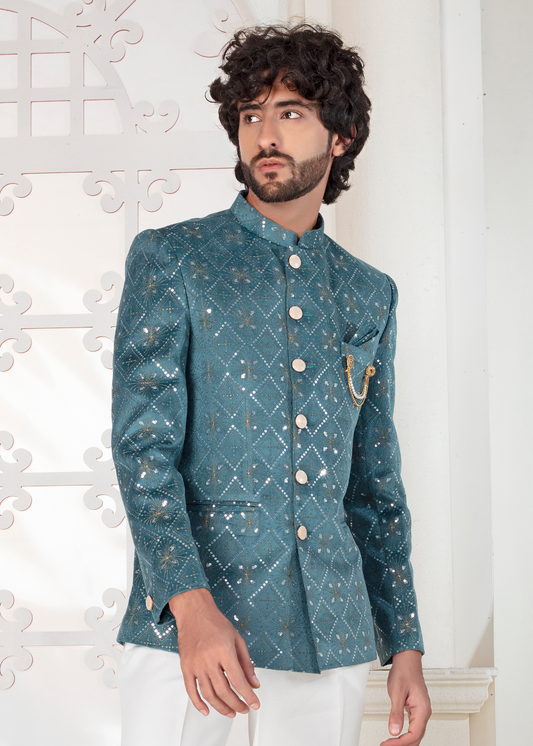 Aqua Velvet Sequin Embroidery Jodhpuri Suit