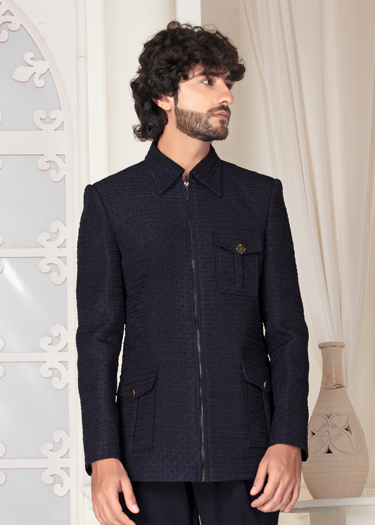 Black Hunting Thread Weaving Collared jodhpuri Suit