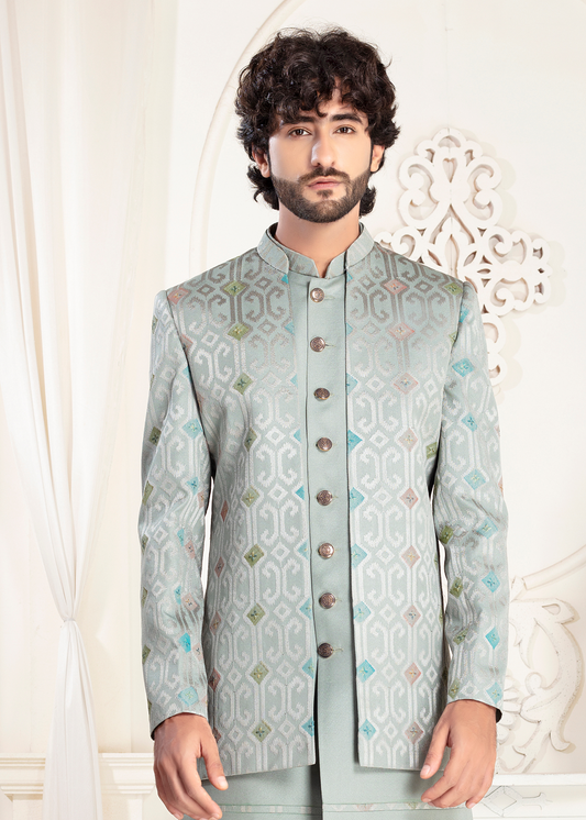 Sea Green Self Jacquard Designer Open Jodhpuri Suit