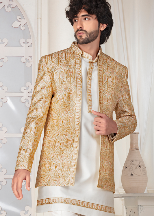 Off White Golden Thread Embroidered Open Jodhpuri Suit