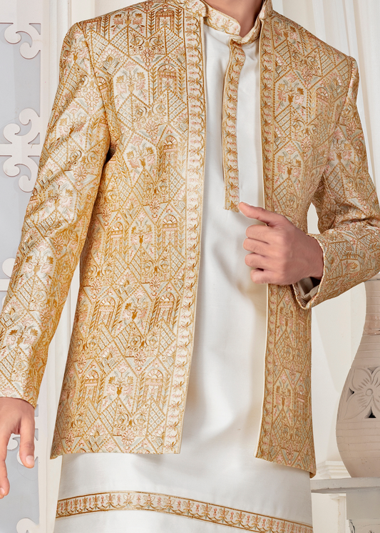 Off White Golden Thread Embroidered Open Jodhpuri Suit