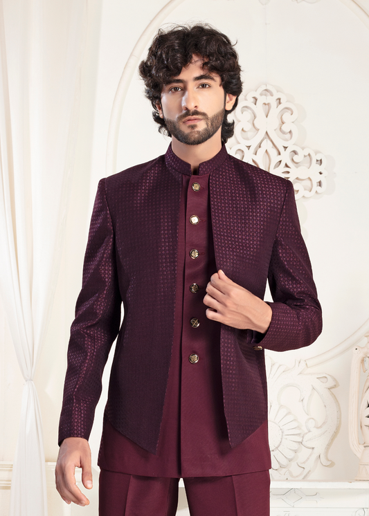 Wine Jacquard Designer Jodhpuri Suit