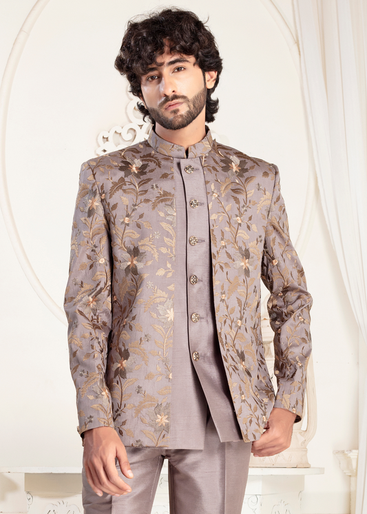 Grey Floral Jacquard Open Indowestern Suit