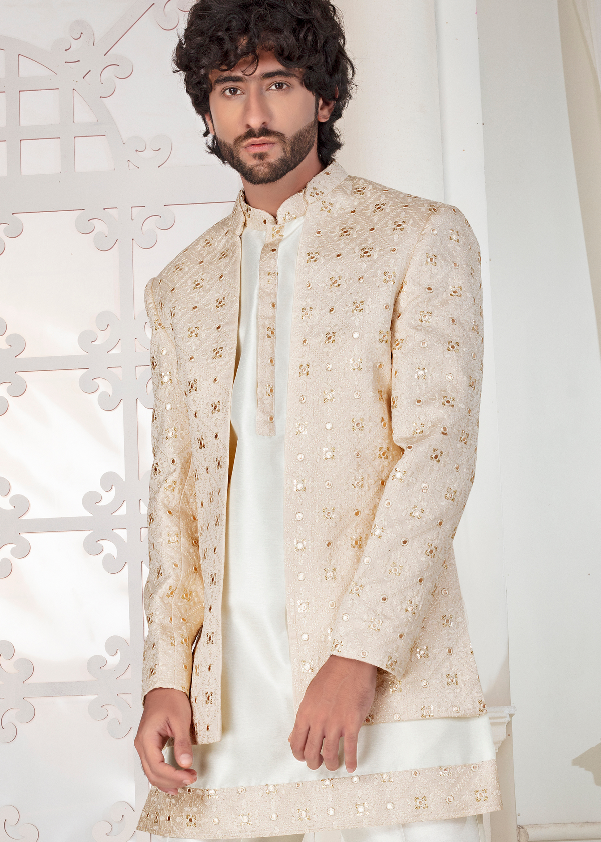 Light Peach Sequin Embroidered Open indowestern Suit