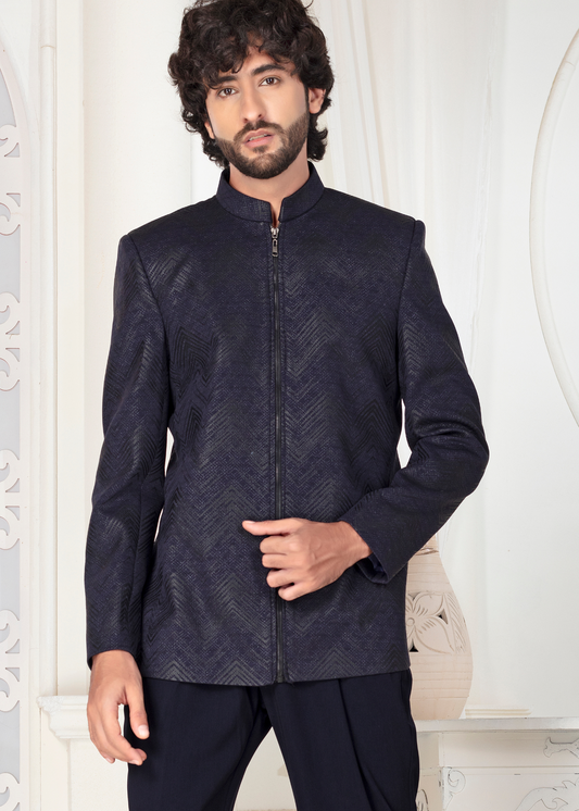 Navy Blue Self Jacquard Designer Jodhpuri Suit