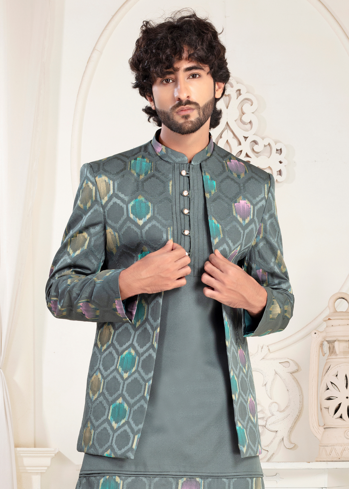 Grey Jacquard Designer Open Jodhpuri Suit