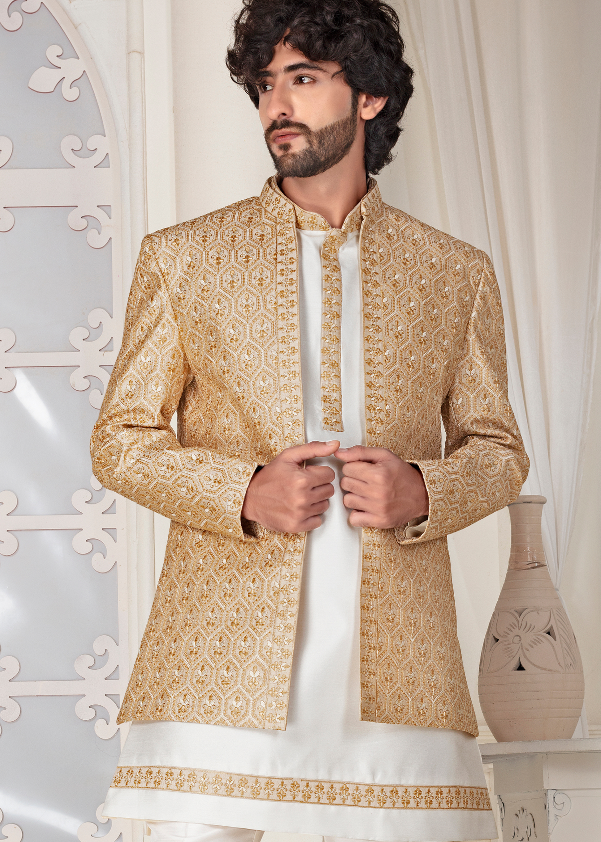 Golden Self Embroidered Open Jodhpuri Suit