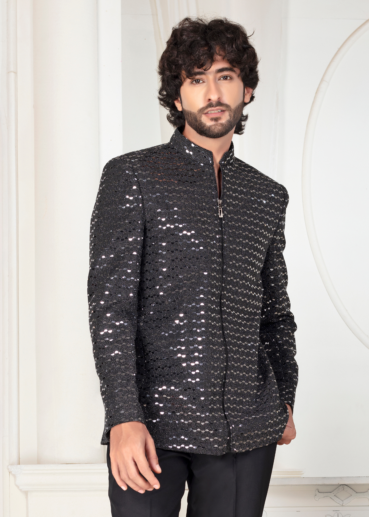 Black Sequin Embroidered Designer Open jodhpuri Suit