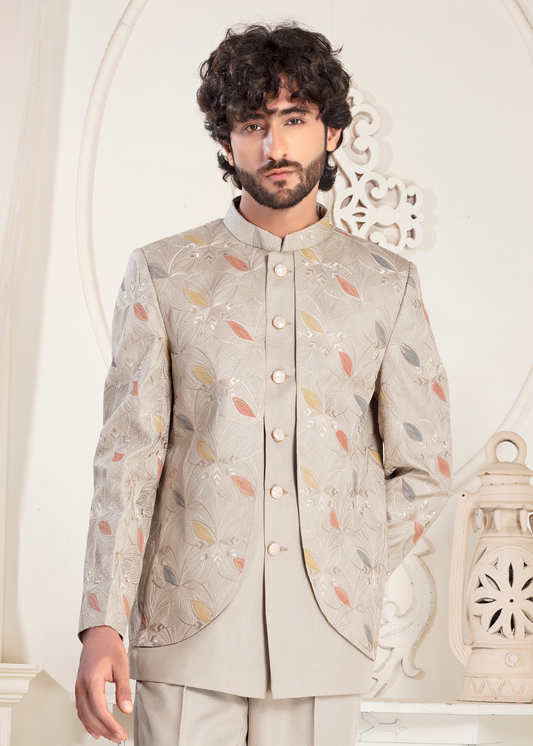 Grey Self Embroidered Open Jodhpuri Suit