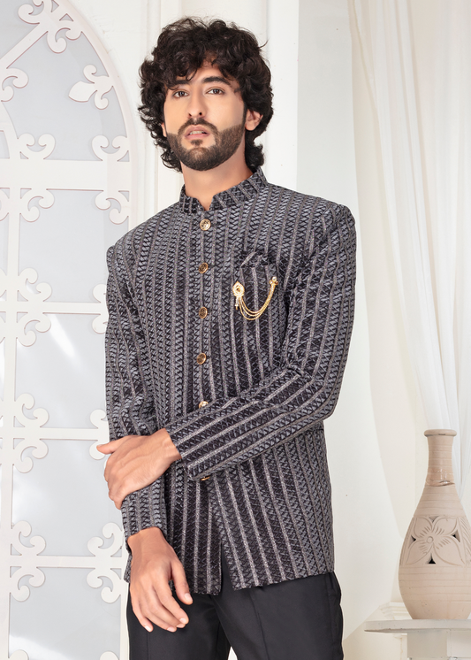 Black Striped Triangular Velvet Jodhpuri Suit