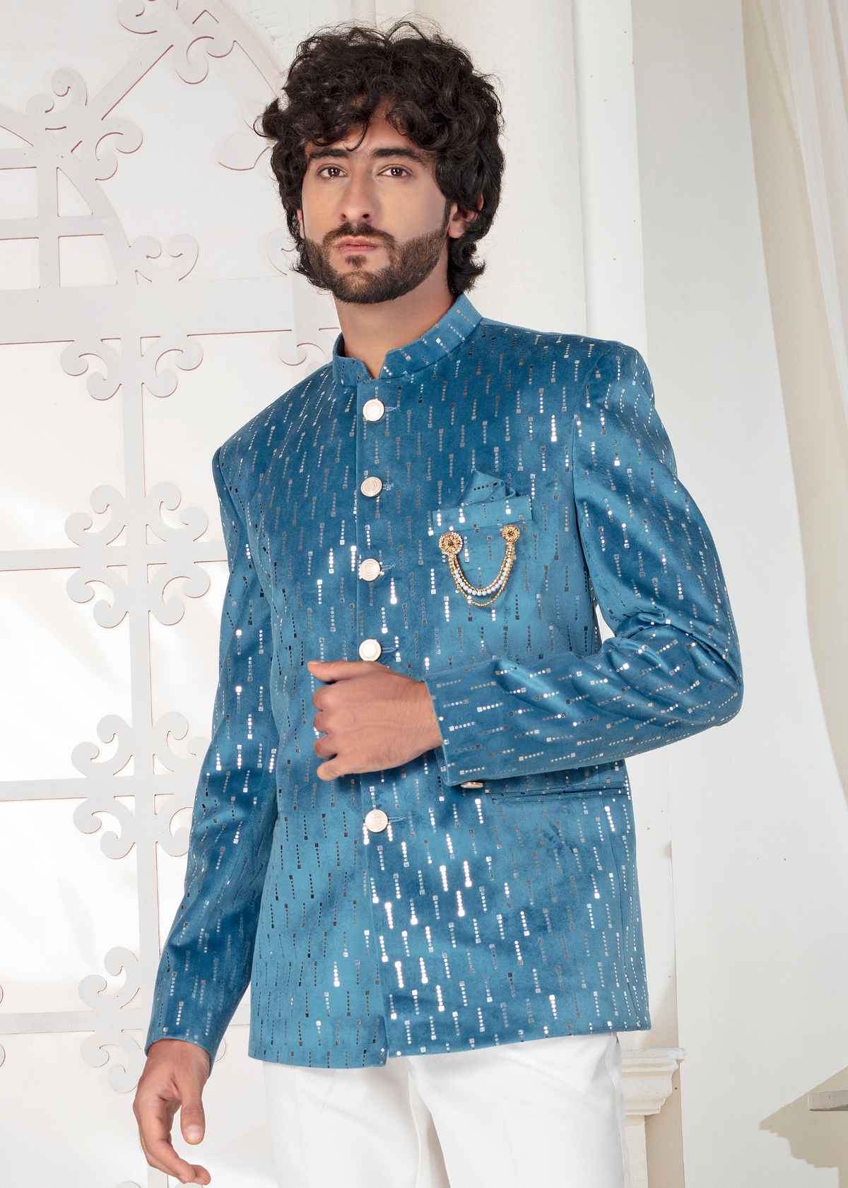 Aqua Sequin Embroidered Velvet Jodhpuri Suit