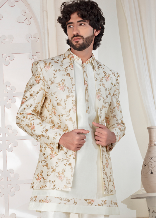 Off White Floral Embroidered Designer Open Jodhpuri Suit