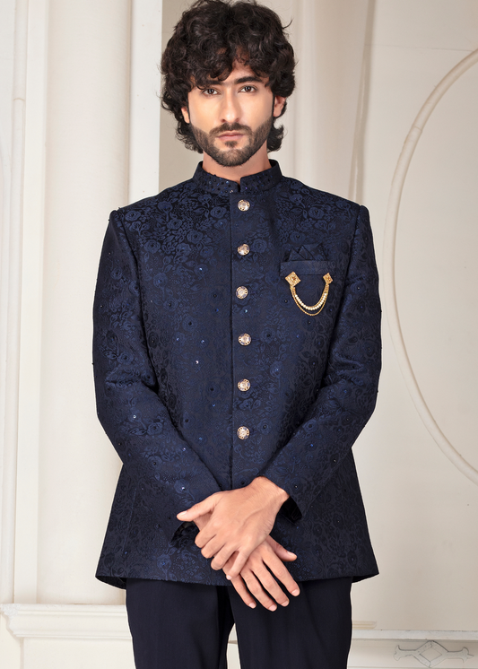 Navy Floral Jacquard Designer Jodhpuri Suit