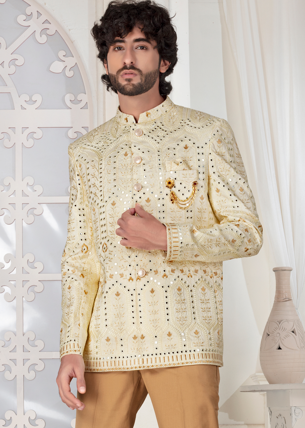 Golden Mirror Embroidered Designer Jodhpuri Suit