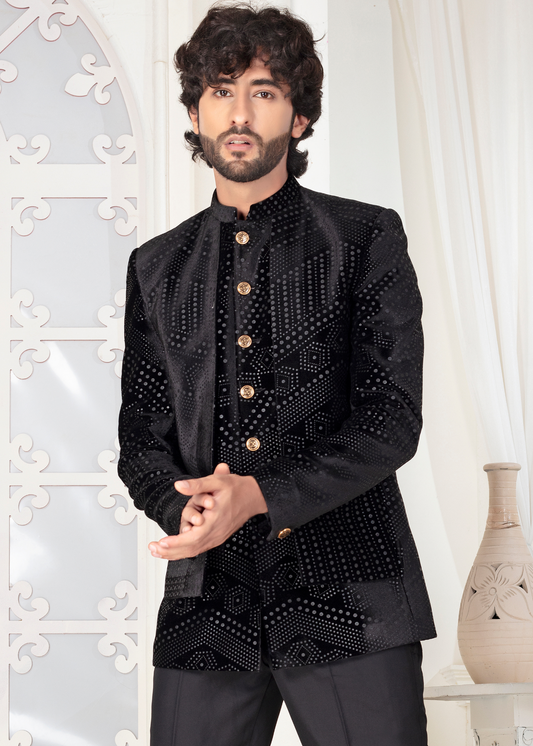 Black Sequin Embroidered Velvet Open Jodhpuri Suit