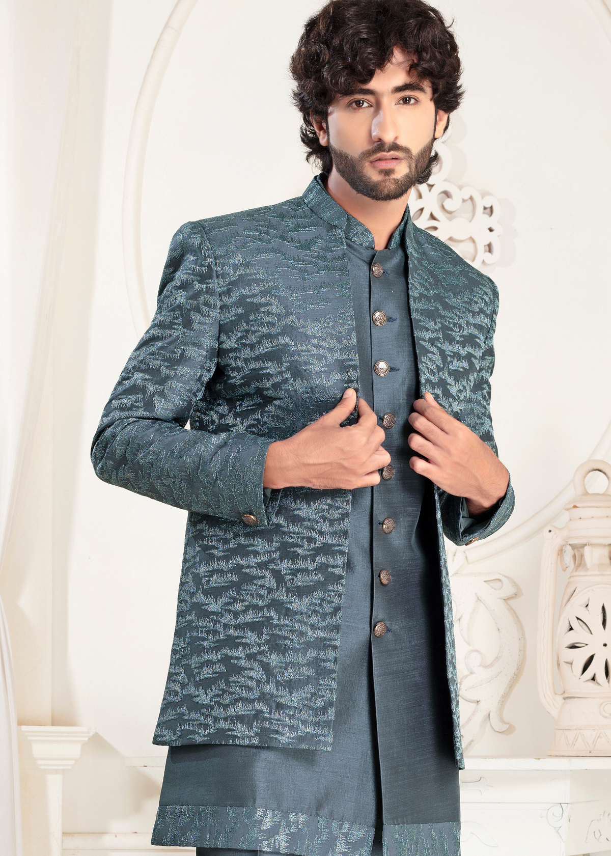 Steel Blue Jacquard Designer Open Jodhpuri Suit