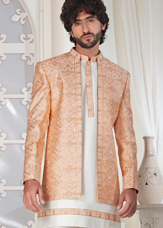 Peach Self Embroidered Open Jodhpuri Suit