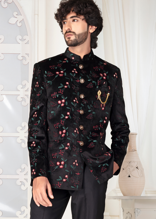 Black Floral Embroidered Designer Velvet Jodhpuri Suit