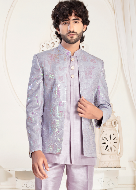 Lilac Sequin Embroidered Designer Open Jodhpuri Suit