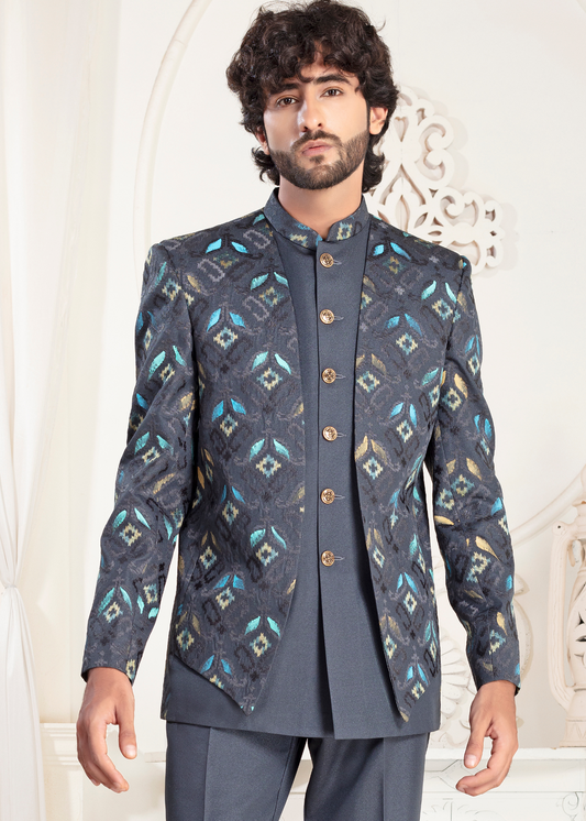 Grey Jacquard Designer Open Jodhpuri Suit