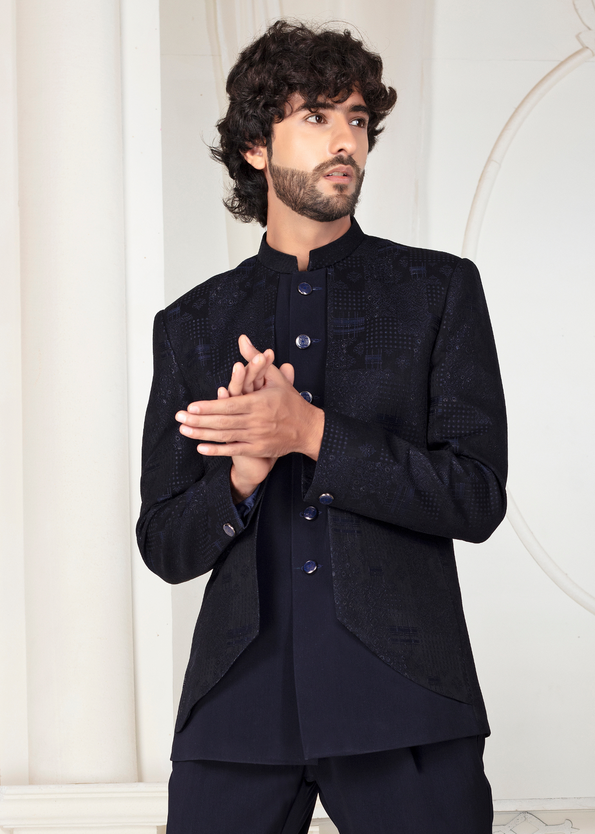 Navy Blue Jacquard Designer Open Jodhpuri Suit