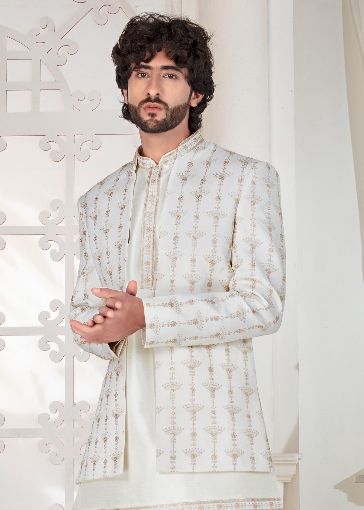 Off White Thread Embroidered Open Jodhpuri Suit