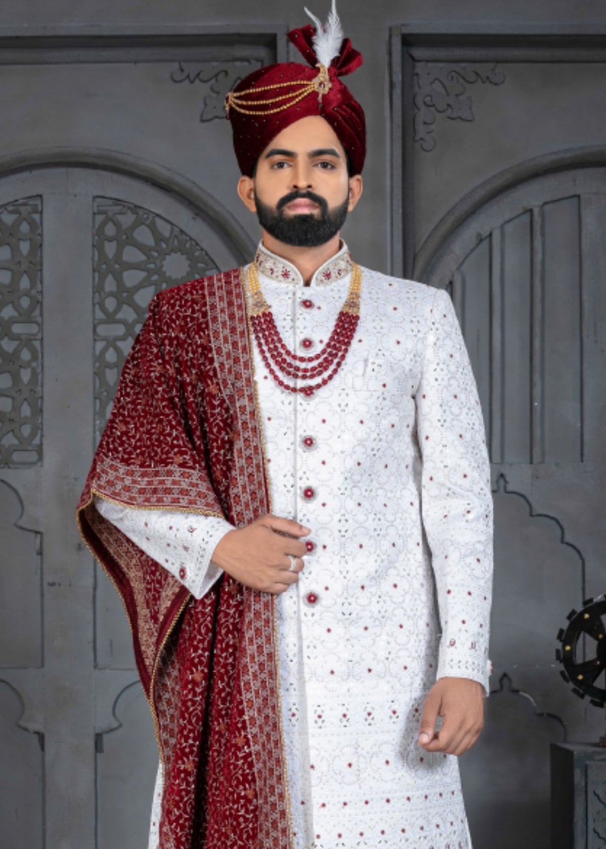 White and Maroon Designer Sherwani for Groom