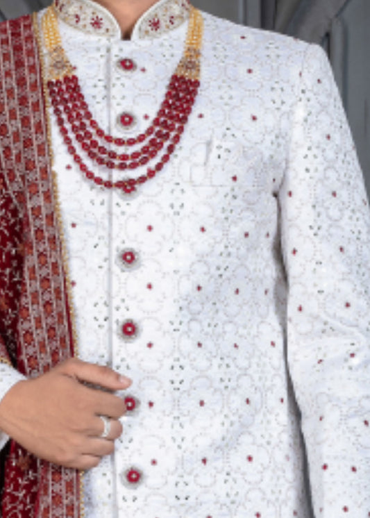 White and Maroon Designer Sherwani for Groom